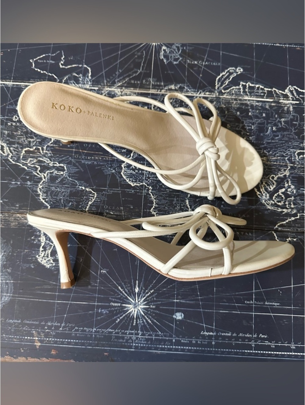 KOKO + Palenki “Barely Ice” Leather String Bow Slide Heels – Nude/Ice – Size 8